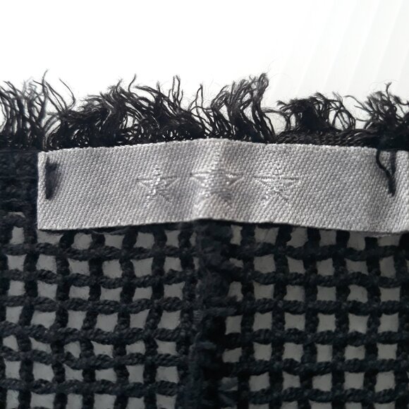 Black Open-Knit Asymmetrical Sweater Poncho Cotton Distressed Frayed Trim OSFM - Picture 4 of 5